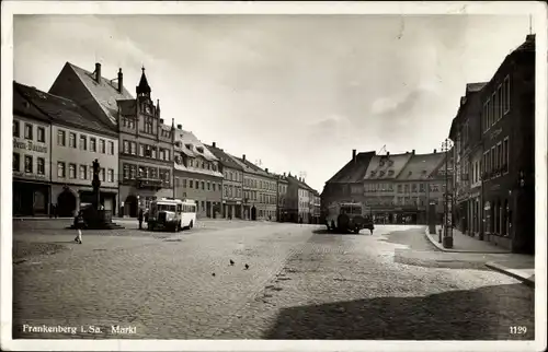 Ak Frankenberg an der Zschopau Sachsen, Markt, Brunnen, Autobus