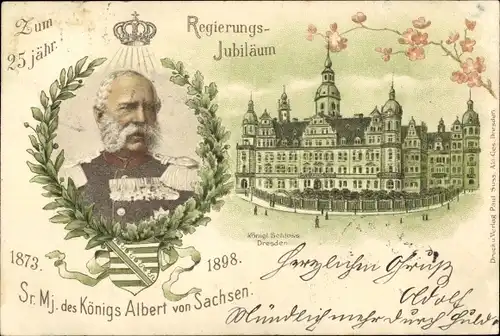 Litho Dresden Zentrum, König Albert I. von Sachsen, Kgl. Schloss, 25jh Regierungsjubiläum 1898