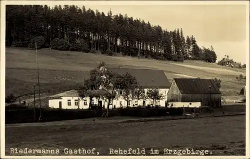 Foto Ak Rehefeld Zaunhaus Altenberg im Erzgebirge, Biedermanns Gasthaus, Waldhang, Felder