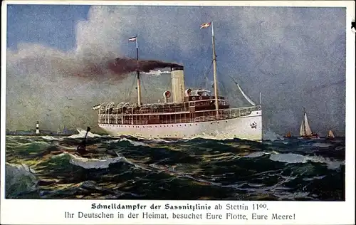 Künstler Ak Schnelldampfer der Sassnitzlinie, Fährschiff, Reederei Braeunlich