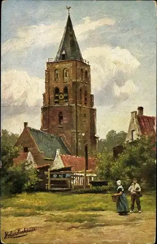 Künstler Ak Gerstenhauer, Johann, Blick auf die Kirche, Bauern