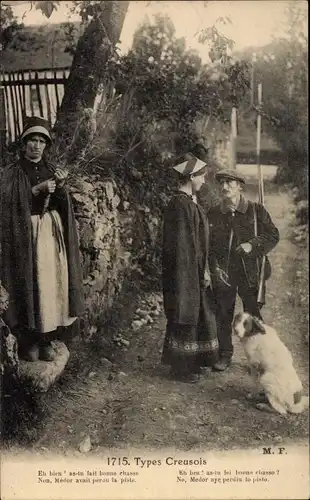 Ak Types Creusois, Jäger, Frauen in Trachten, Spindel