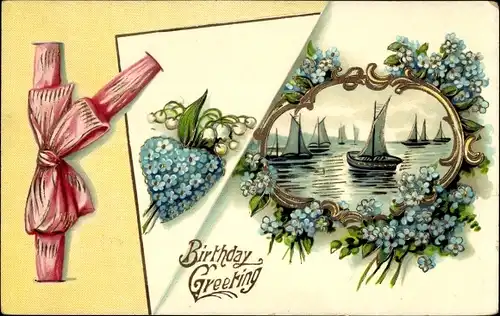 Litho Glückwunsch Geburtstag, Segelboote, Vergissmeinnicht