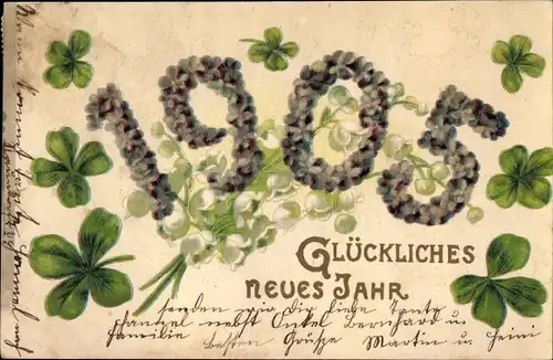 Ak Glückwunsch Neujahr 1905, Glücksklee, Maiglöckchen