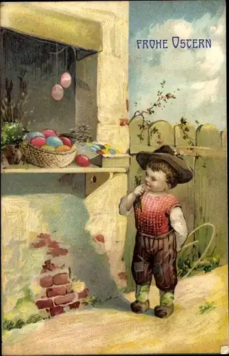 Präge Litho Glückwunsch Ostern, Junge mit Reifen betrachtet Ostereier