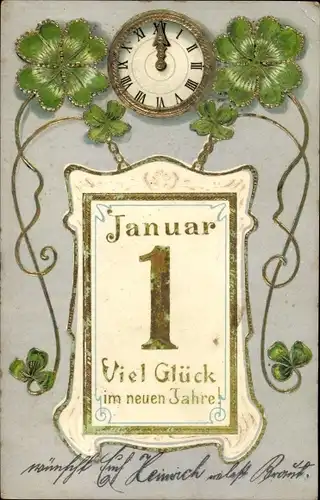 Präge Litho Glückwunsch Neujahr, Kalender 1 Januar, Kleeblätter, Uhr