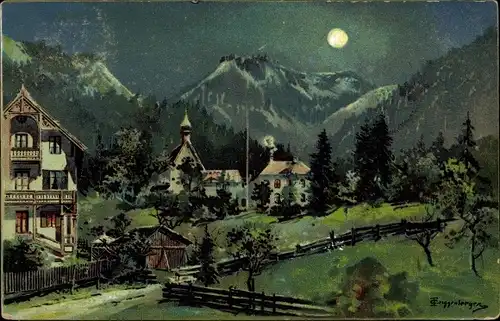 Künstler Litho Guggenberger, Thomas, Ortschaft im Gebirge, Mondschein