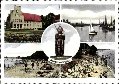 Ak Wedel in Schleswig Holstein, Rathaus, Hafen, Strandpartie, Roland