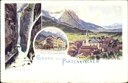 Künstler Litho Garmisch Partenkirchen, Hotel Goldner Stern, Partnach Klamm, Panorama