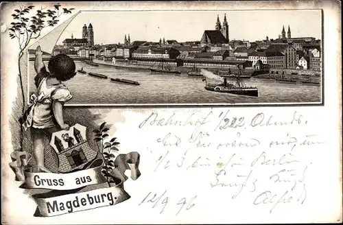 Wappen Litho Magdeburg in Sachsen Anhalt, Blick auf den Ort