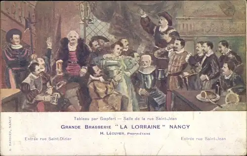 Ak Nancy Meurthe et Moselle, Grande Brasserie La Lorraine Tableau par Goepfert, Salle rue Saint Jean