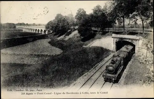 Ak Agen Lot et Garonne, Pont Canal, Ligne de Bordeaux a Cette, Sous le Canal