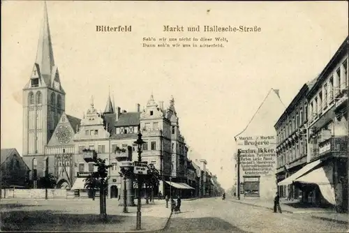 Ak Bitterfeld in Sachsen Anhalt, Markt und Hallesche Straße