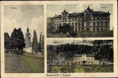 Ak Borstendorf Grünhainichen Erzgebirge Sachsen, Schule, Kirche, Bahnhof