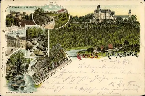 Litho Rochsburg Lunzenau in Sachsen, Tunnel, Schlosseingang, Brauseloch, Bahnhof, Schloss