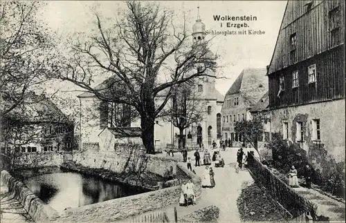 Ak Wolkenstein im Erzgebirge, Schlossplatz mit Kirche