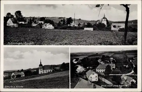 Ak Johnsbach Glashütte im Osterzgebirge, Schule, Kirche, Gasthof Erbgericht