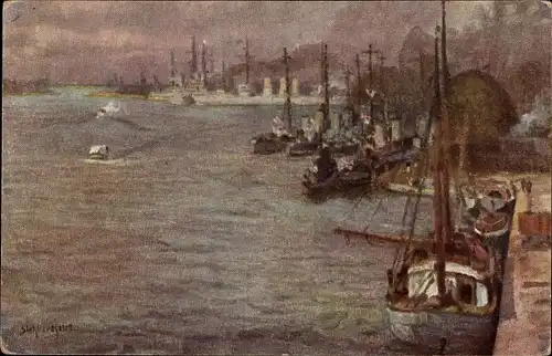 Künstler Ak Siehl Freystett, Hafenbild, Deutsche Kriegsschiffe, Flotte im Hafen