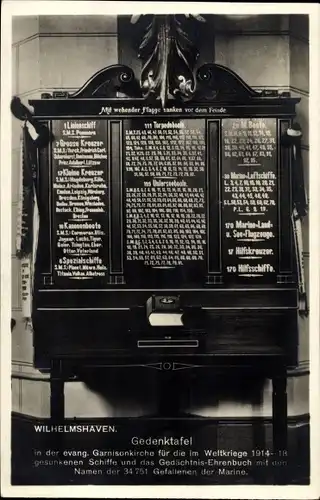 Ak Wilhelmshaven in Niedersachsen, Gedenktafel in der Garnisonkirche für gesunkene Schiffe