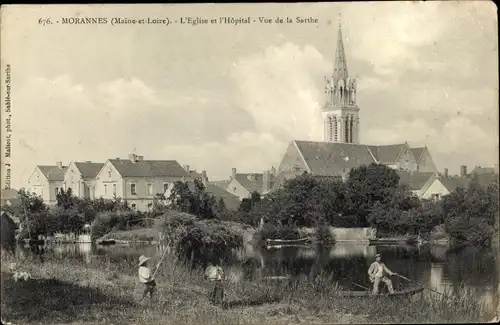 Ak Morannes Maine et Loire, L'Eglise et l'Hopital, vue de la Sarthe