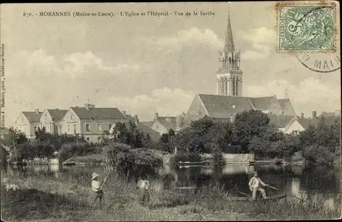 Ak Morannes Maine et Loire, L'Eglise et l'Hopital, vue de la Sarthe