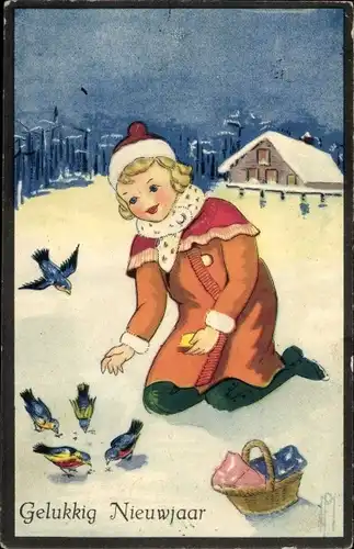 Ak Glückwunsch Neujahr, Mädchen füttert Vögel