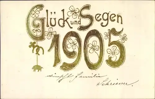 Ak Glückwunsch Neujahr 1905, Hufeisen, Schweinchen, Glücksklee