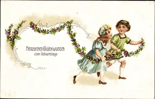 Litho Glückwunsch Geburtstag, Junge und Mädchen mit Blumenranke