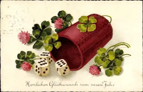 Ak Glückwunsch Neujahr, Würfelbecher, Kleeblätter