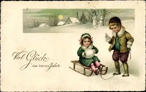 Ak Glückwunsch Neujahr, Junge und Mädchen mit einem Schlitten