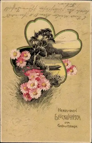 Präge Litho Glückwunsch Geburtstag, Kleeblatt, Gänseblümchen, Uferpartie