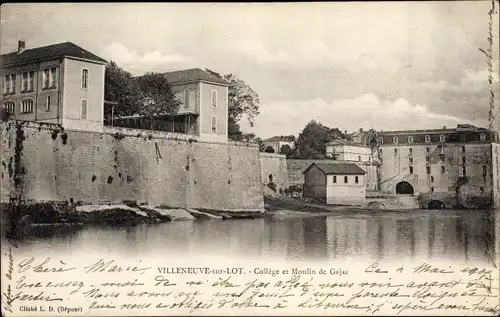 Ak Villeneuve Lot et Garonne, College et Moulin de Gajac