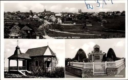 Ak Niederöfflingen Rheinland Pfalz, Edeltrudis Kapelle, Ehrenmal, Panorama vom Ort