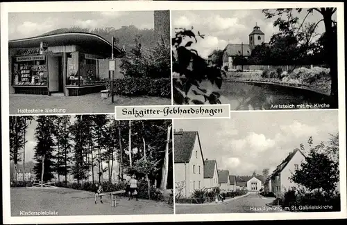 Ak Gebhardshagen Salzgitter Niedersachsen, Haltestelle Siedlung, Straßenansicht, Amtsteich, Kirch