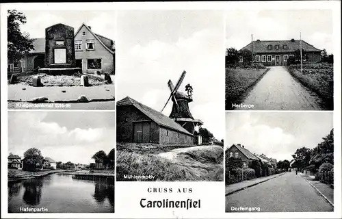 Ak Nordseebad Carolinensiel Wittmund Ostfriesland, Windmühle, Straßenansicht, Denkmal, Herberge