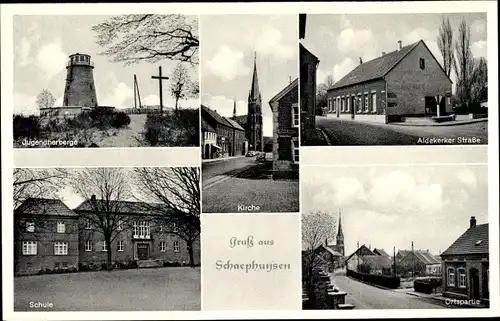 Ak Schaephuysen Rheurdt am Niederrhein, Jugendherberge, Kirche, Schule, Ortspartie