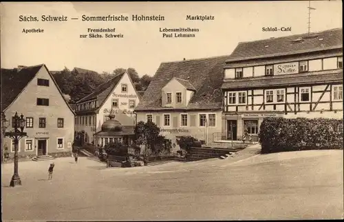 Ak Hohnstein Sächsische Schweiz, Apotheke, Fremdenhof, Lebensmittelhaus*, Schloss Cafe