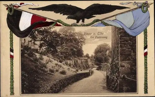 Fahnen Passepartout Ak Riesa an der Elbe Sachsen, Am Poetenweg, Adler, Reichsflagge