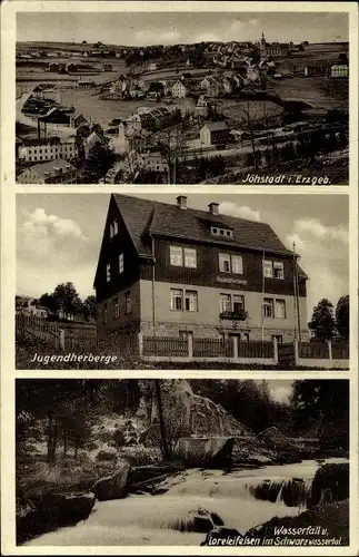 Ak Jöhstadt im Erzgebirge Sachsen, Stadtpanorama, Jugendherberge, Wasserfall und Loreleifelsen