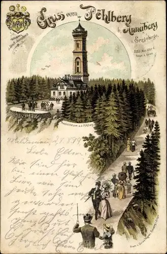 Litho Annaberg Buchholz Erzgebirge, Pöhlberg, Aussichtsturm, Wappen