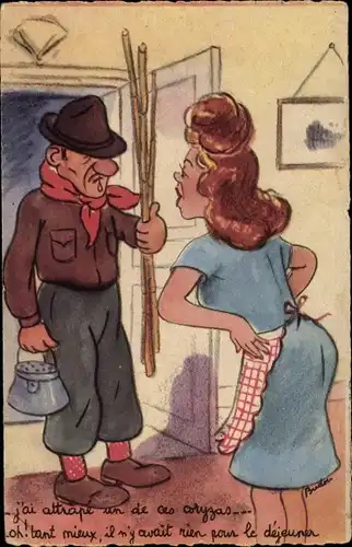 Künstler Ak Mann kehrt nach dem Angeln nach Hause