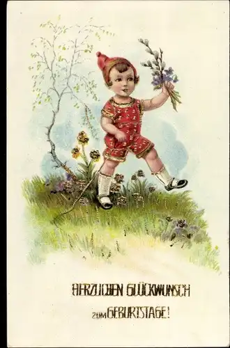Präge Litho Glückwunsch Geburtstag, Kind auf einer Blumenwiese
