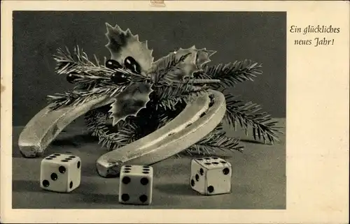 Ak Glückwunsch Neujahr, Stechpalme, Hufeisen, Würfel