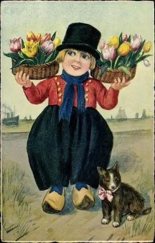 Ak Kind mit Körben voller Tulpen, Katze, Niederländische Tracht