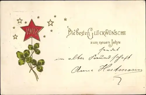 Präge Litho Glückwunsch Neujahr, Jahreszahl 1902, Kleeblätter