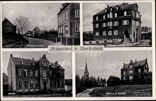 Ak Bräunsdorf Limbach Oberfrohna Sachsen, Kirche, Rathaus, Schule, Teilansicht