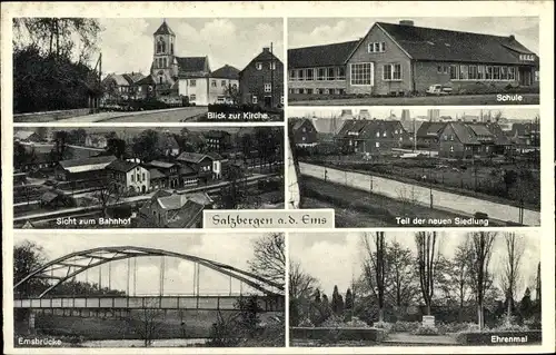 Ak Salzbergen Niedersachsen, Bahnhof, Siedlung, Ehrenmal, Emsbrücke, Schule