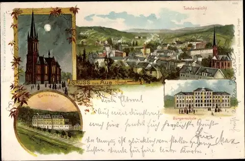 Litho Aue Erzgebirge, Heilanstalt, Bürgerschule, Kirche, Totalansicht