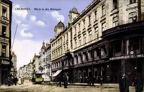 Ak Chemnitz Sachsen, Königstraße, Seidenhaus, Modewaren Bruno Schellenberger, Straßenbahn, Automat