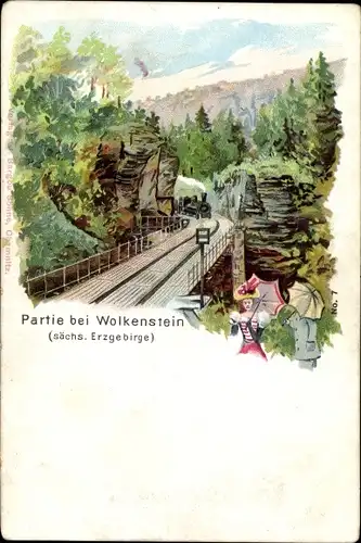 Litho Wolkenstein Sächsisches Erzgebirge, Eisenbahn, Passanten, Schirme